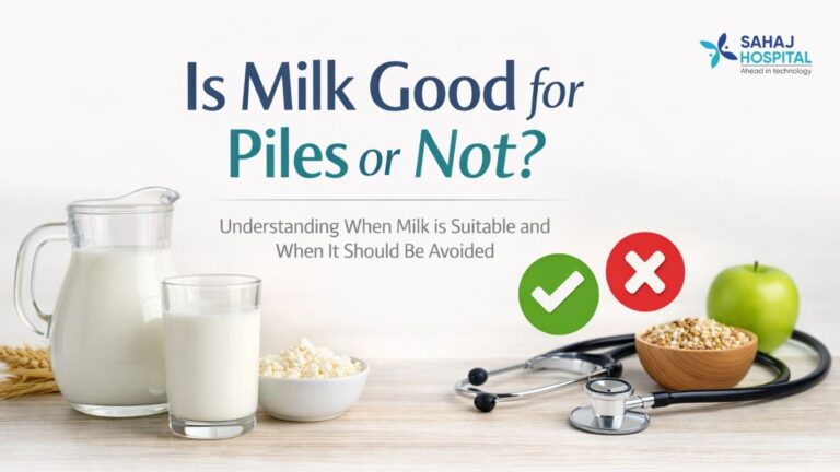 Minimal blog banner showing milk and diet symbols with the text ‘Is Milk Good for Piles or Not?