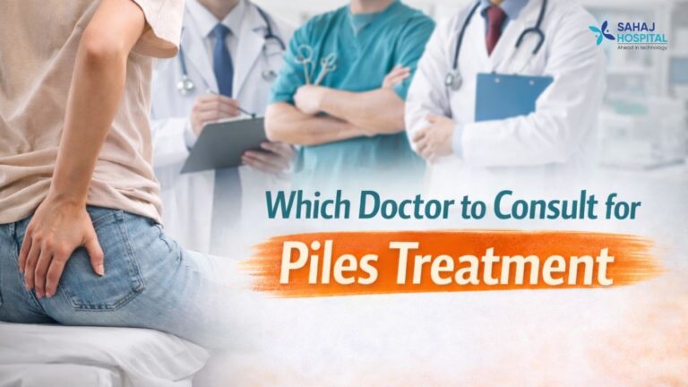 Patient sitting on an examination table during a consultation with doctors, representing guidance for piles treatment.