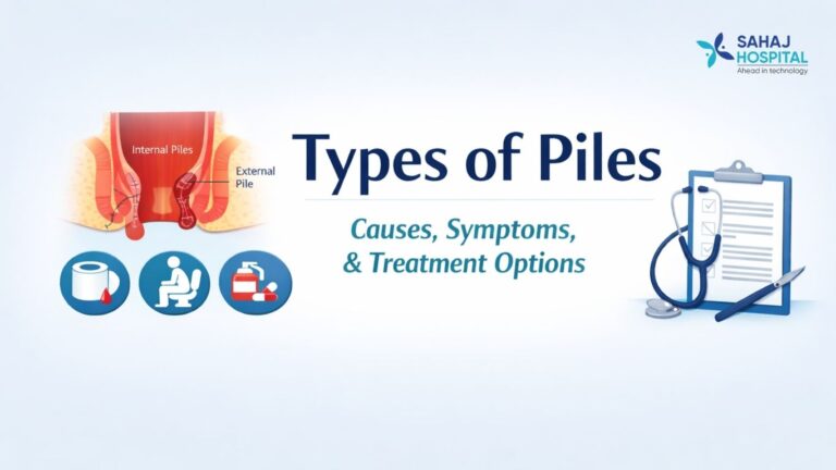 Types of piles showing internal and external piles with causes, symptoms, and treatment options